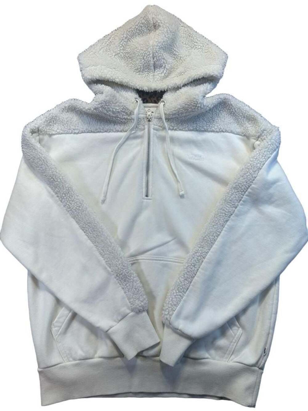 Vans White Sherpa Fleece Half Zip Hoodie Leopard Print Hood Street Skate XS